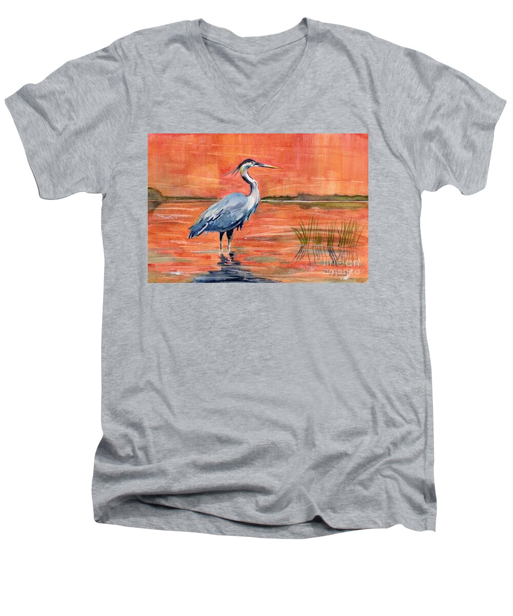 Great Blue Heron Men's V-Neck T-Shirt featuring the painting Great Blue Heron in Marsh by Melly Terpening