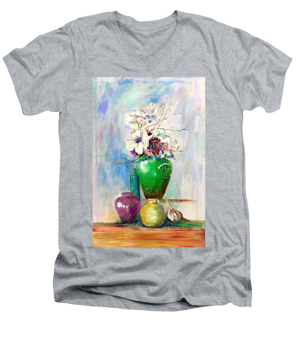 Vase Men's V-Neck T-Shirt featuring the painting Green Vase by Khalid Saeed