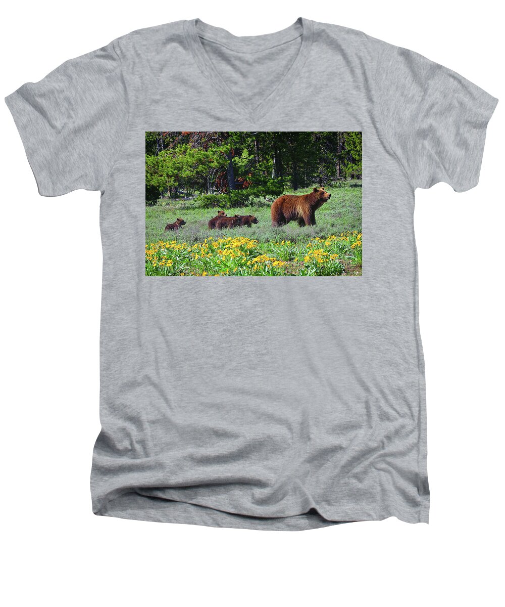 Grizzly 399 Men's V-Neck T-Shirt featuring the photograph Grizzly 399 and Four Cubs by Greg Norrell