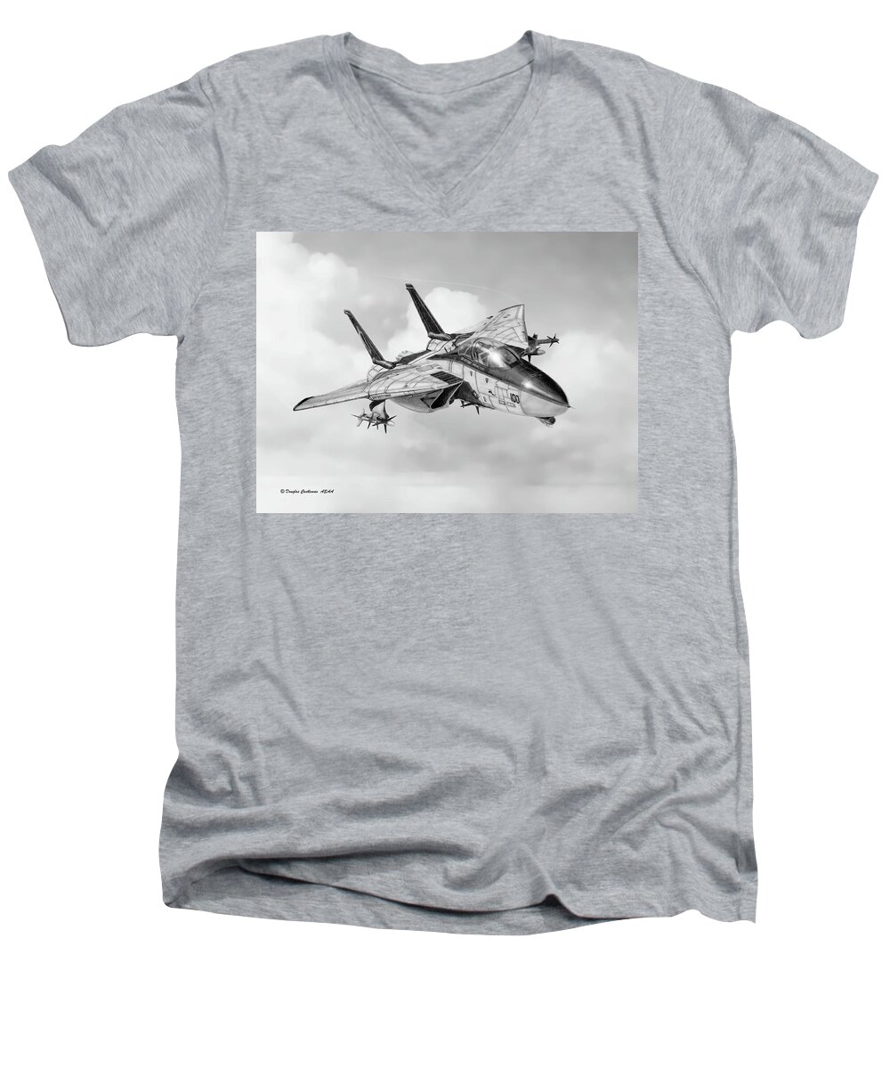 Navy Men's V-Neck T-Shirt featuring the drawing Grumman F-14 Tomcat by Douglas Castleman