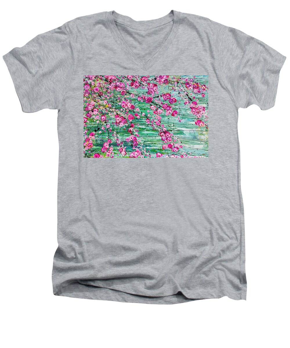 Flowers Men's V-Neck T-Shirt featuring the painting Hanami - Large painting by Angie Wright