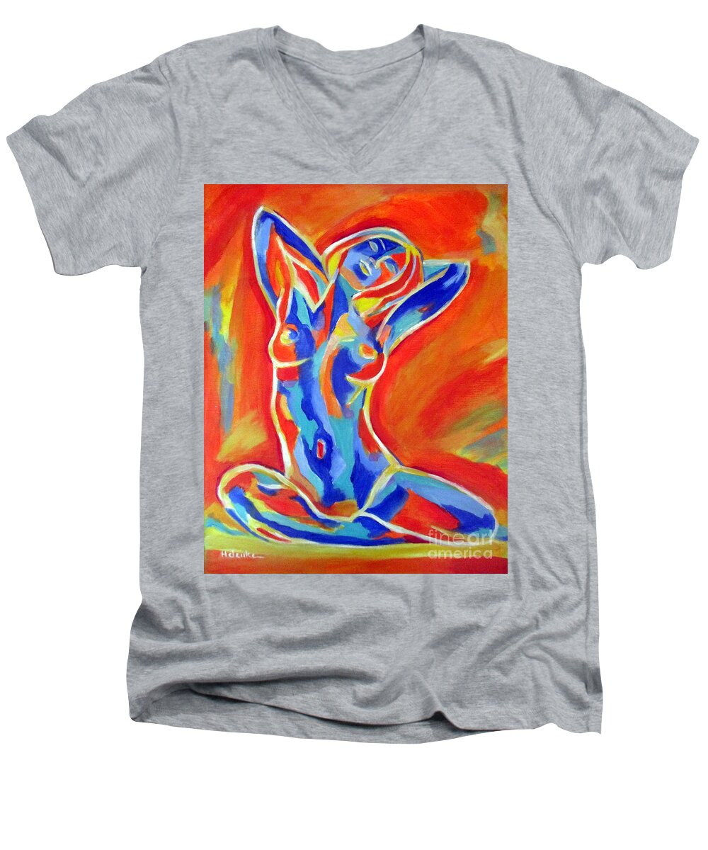 Affordable Paintings For Sale Men's V-Neck T-Shirt featuring the painting Happy Nude by Helena Wierzbicki