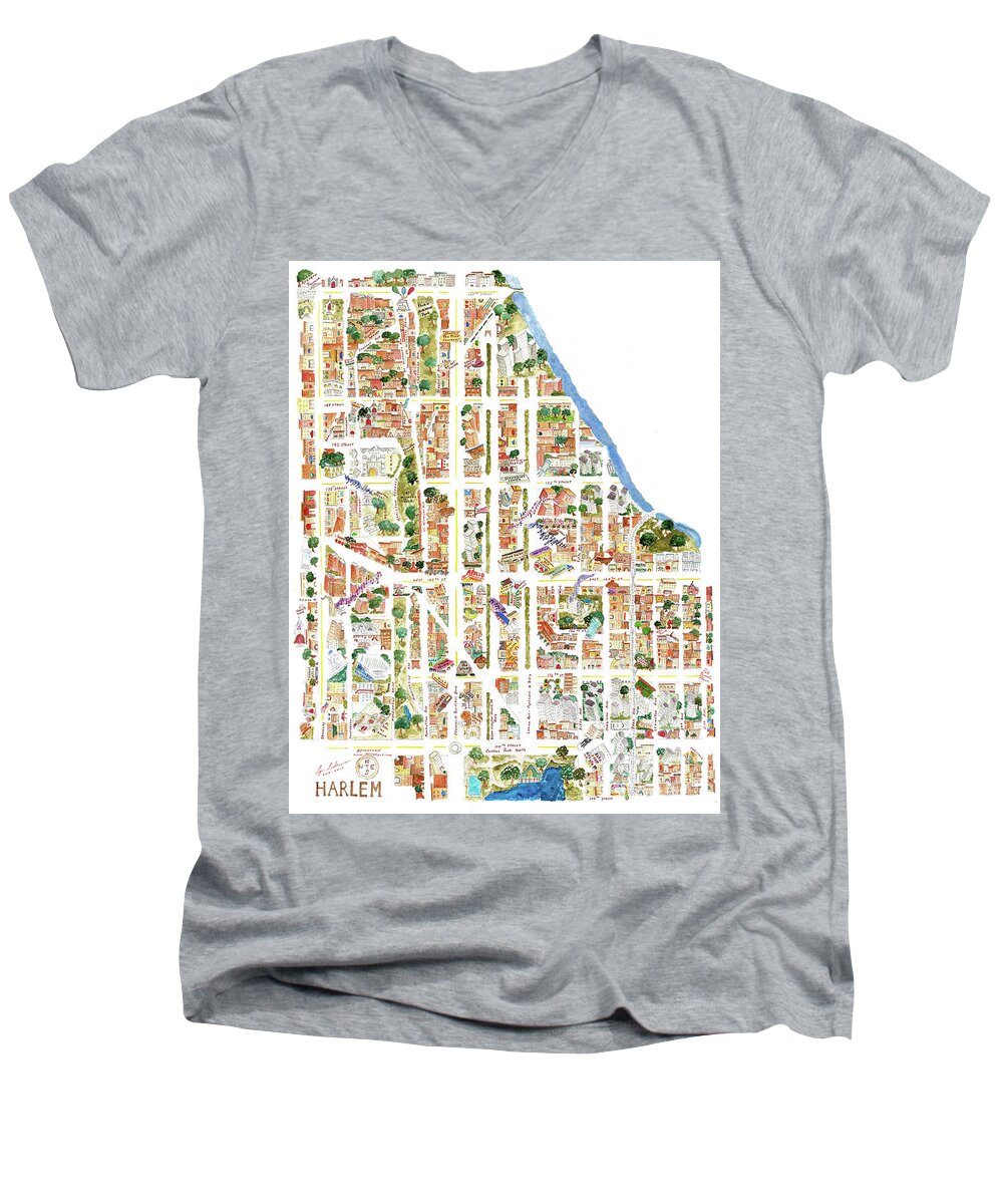 Harlem Men's V-Neck T-Shirt featuring the painting Harlem Map from 106-155th Streets by Afinelyne