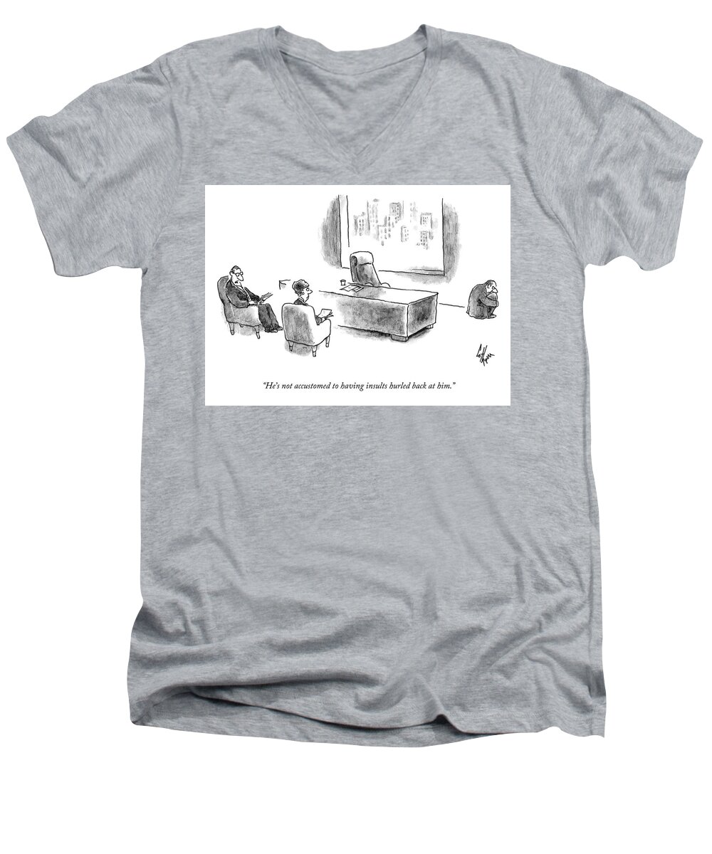 he's Not Accustomed To Having Insults Hurled Back At Him. Men's V-Neck T-Shirt featuring the drawing Having Insults Hurled Back by Frank Cotham