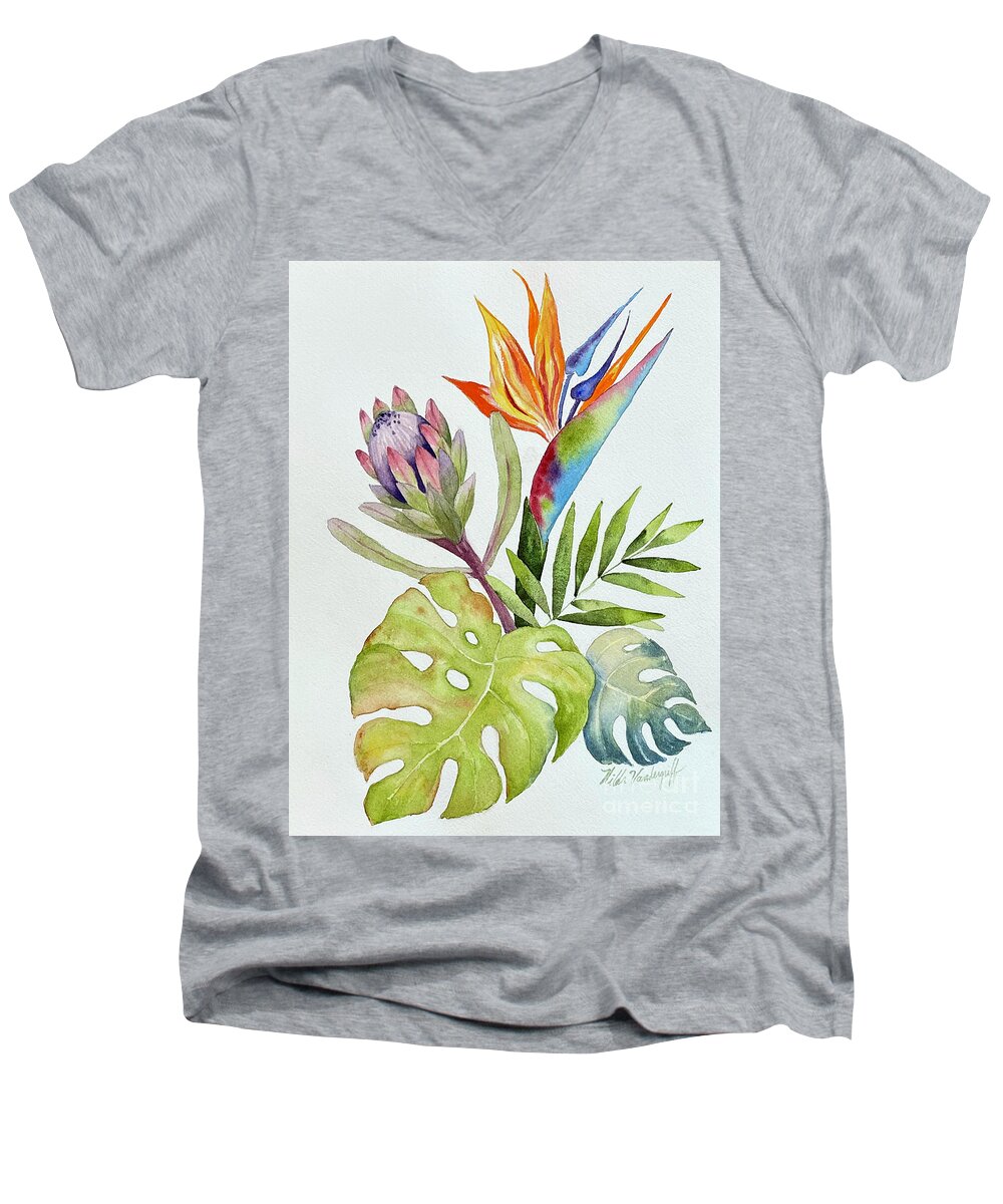 Hawaiian Men's V-Neck T-Shirt featuring the painting Hawaiian Flowers by Hilda Vandergriff