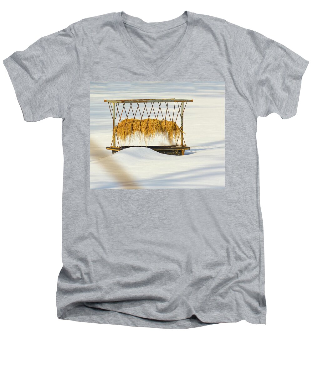 Snow Men's V-Neck T-Shirt featuring the photograph Hay Feeder in Snow by Tana Reiff