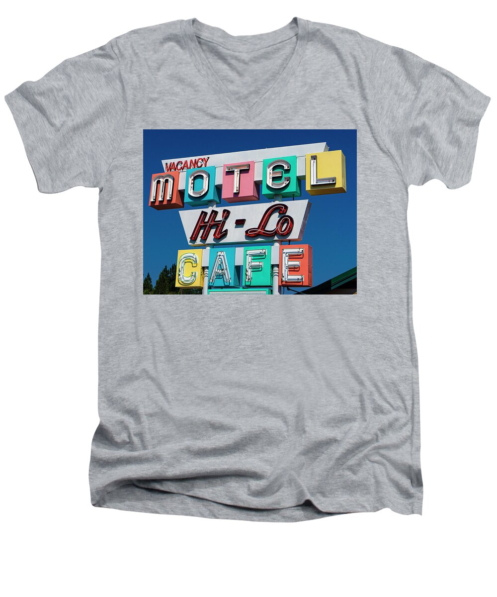 Weed Men's V-Neck T-Shirt featuring the photograph HI-Lo Motel in Weed, California by Matthew Bamberg