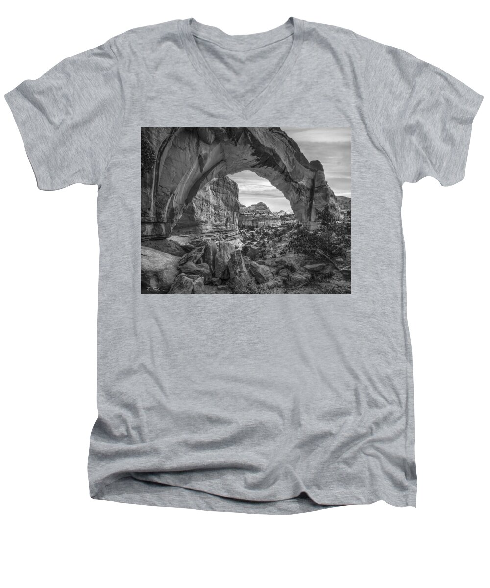 Sunrise Rock Formation Weather Skys Heavens Scenic And Landscape Men's V-Neck T-Shirt featuring the photograph Hickman Bridge, Capitol Reef National Par by Tim Fitzharris
