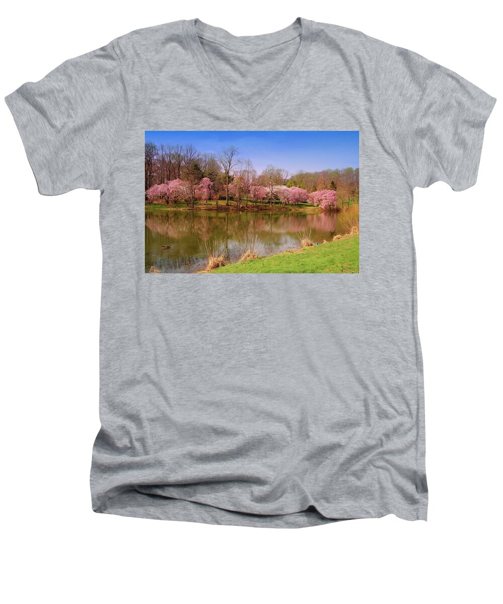 Cherry Blossoms Men's V-Neck T-Shirt featuring the photograph Holmdel Park In Spring by Angie Tirado