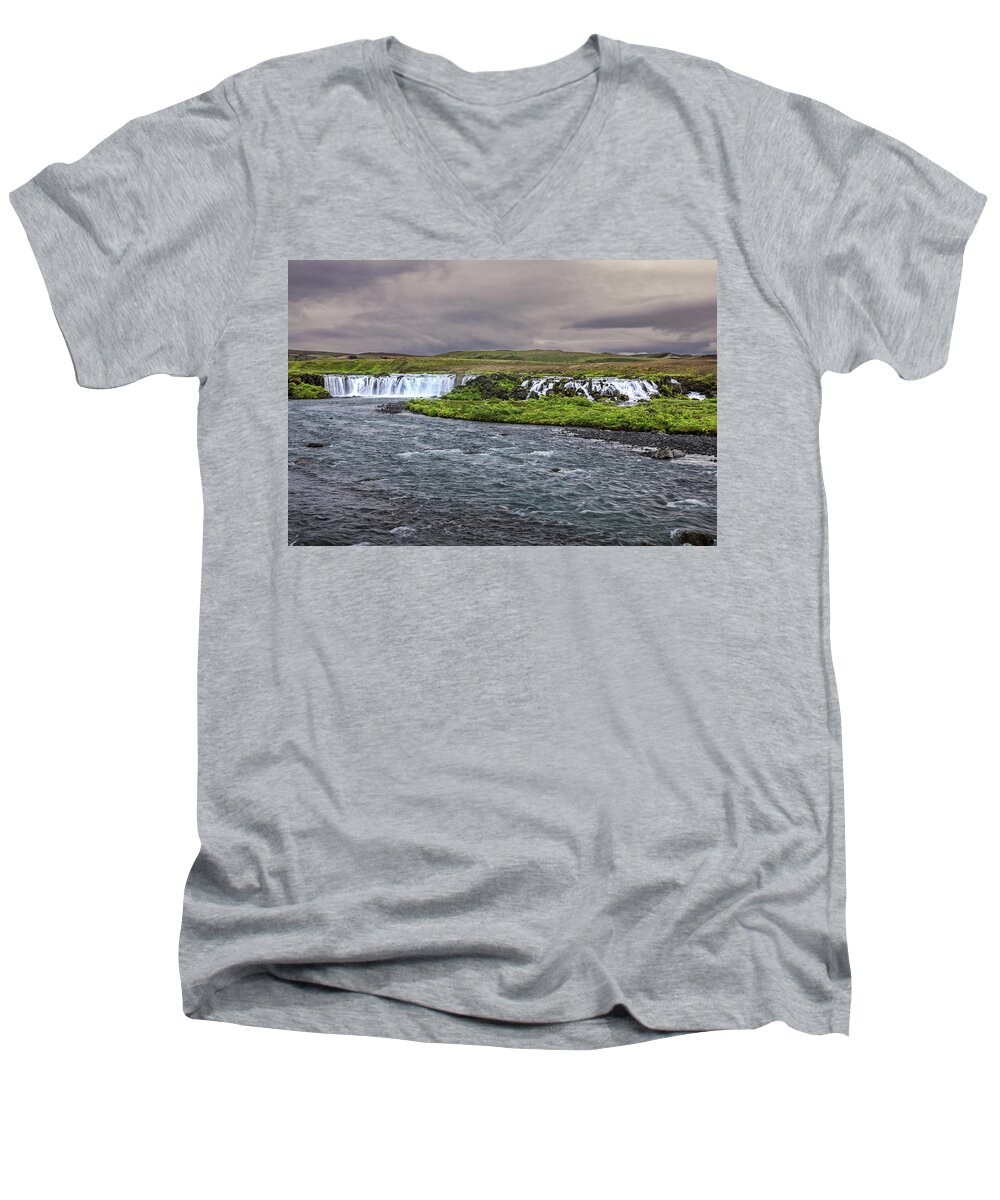 Iceland Men's V-Neck T-Shirt featuring the photograph Holmsarfoss Waterfall by Rick Strobaugh