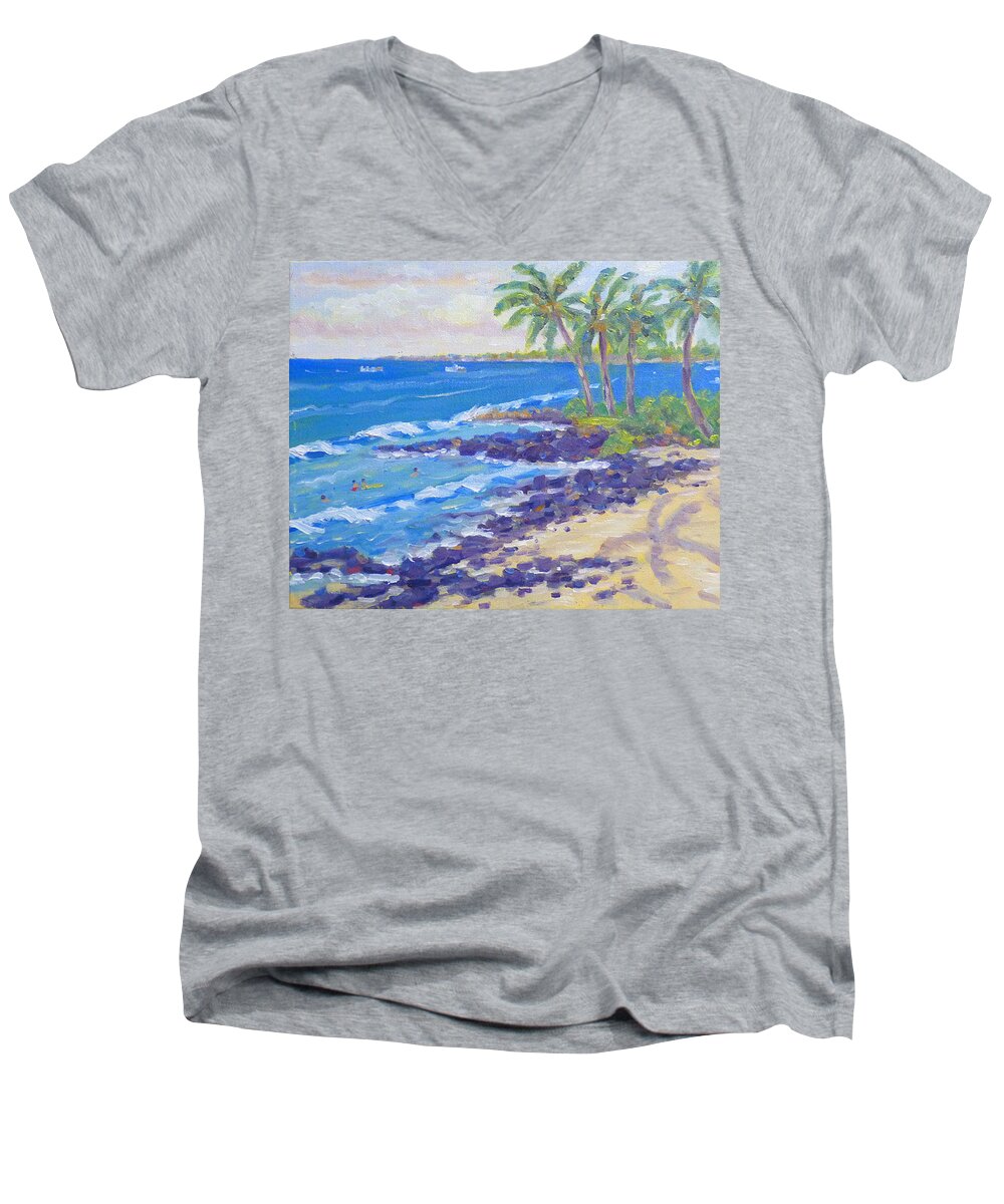 Hawaii Men's V-Neck T-Shirt featuring the painting Honl's Beach by Stan Chraminski