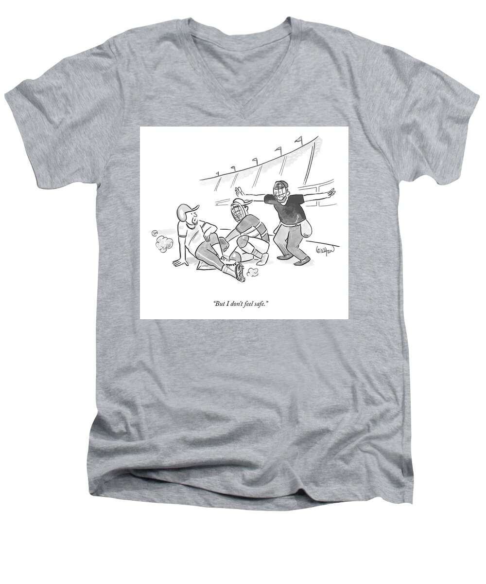 But I Don't Feel Safe. Men's V-Neck T-Shirt featuring the drawing I Don't Feel Safe by Robert Leighton