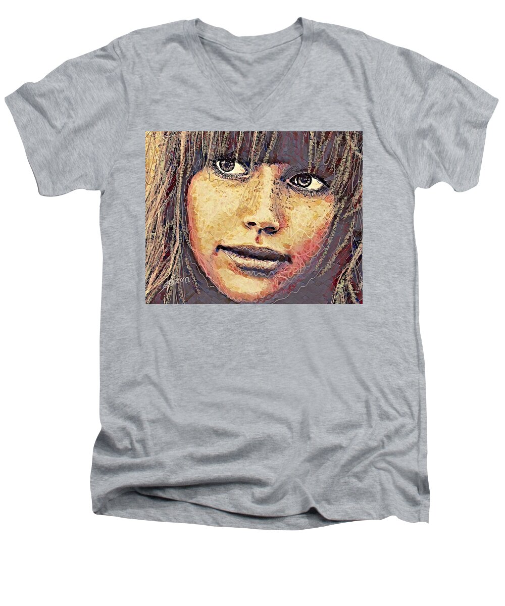 Girl Men's V-Neck T-Shirt featuring the painting Inscrutable by Sol Luckman