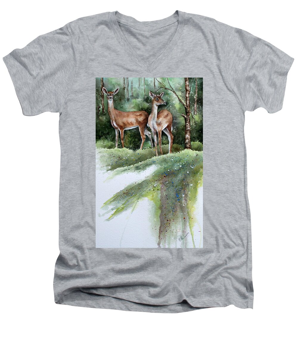 Deer Men's V-Neck T-Shirt featuring the painting Into the Meadow by Mary McCullah