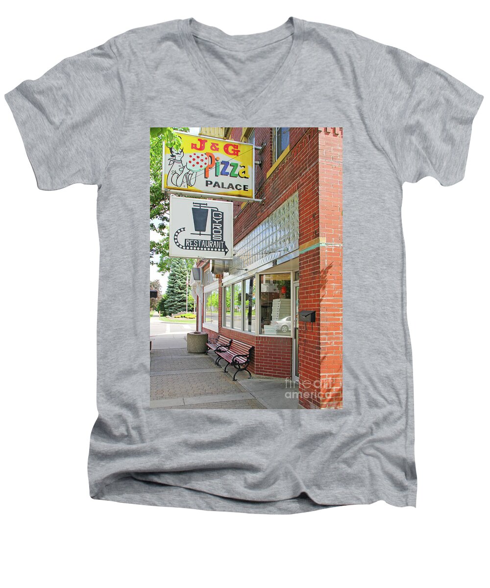J And G Men's V-Neck T-Shirt featuring the photograph J and G Pizza Palace by Jack Schultz