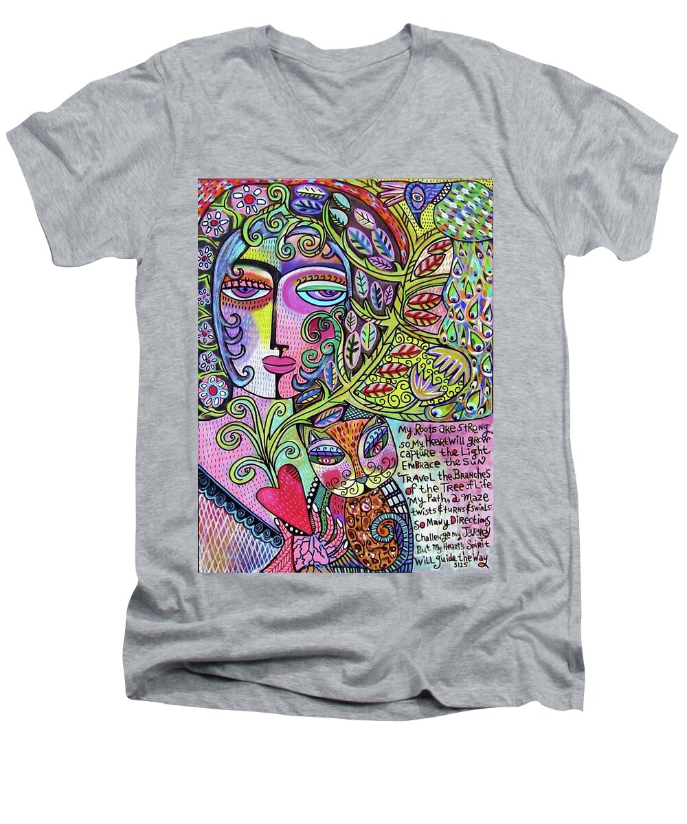 Peacock Men's V-Neck T-Shirt featuring the painting Journey Of The Abundant Heart by Sandra Silberzweig