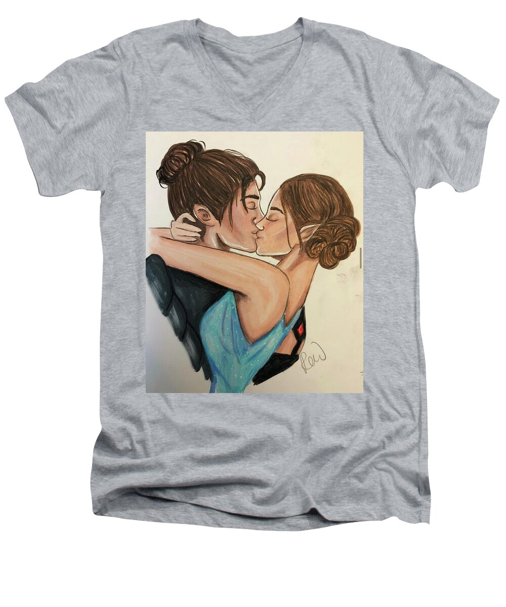 Cassian Men's V-Neck T-Shirt featuring the drawing Kissing Cassian and Nesta by Rebecca Wood
