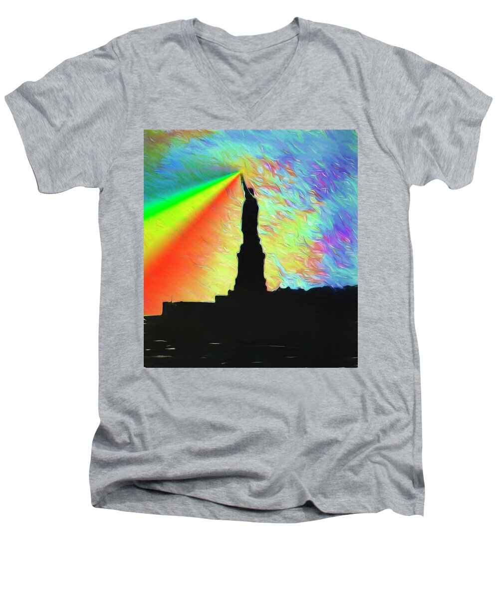 Statue Of Liberty Men's V-Neck T-Shirt featuring the digital art Lady Liberty Welcomes All by Terry Cork