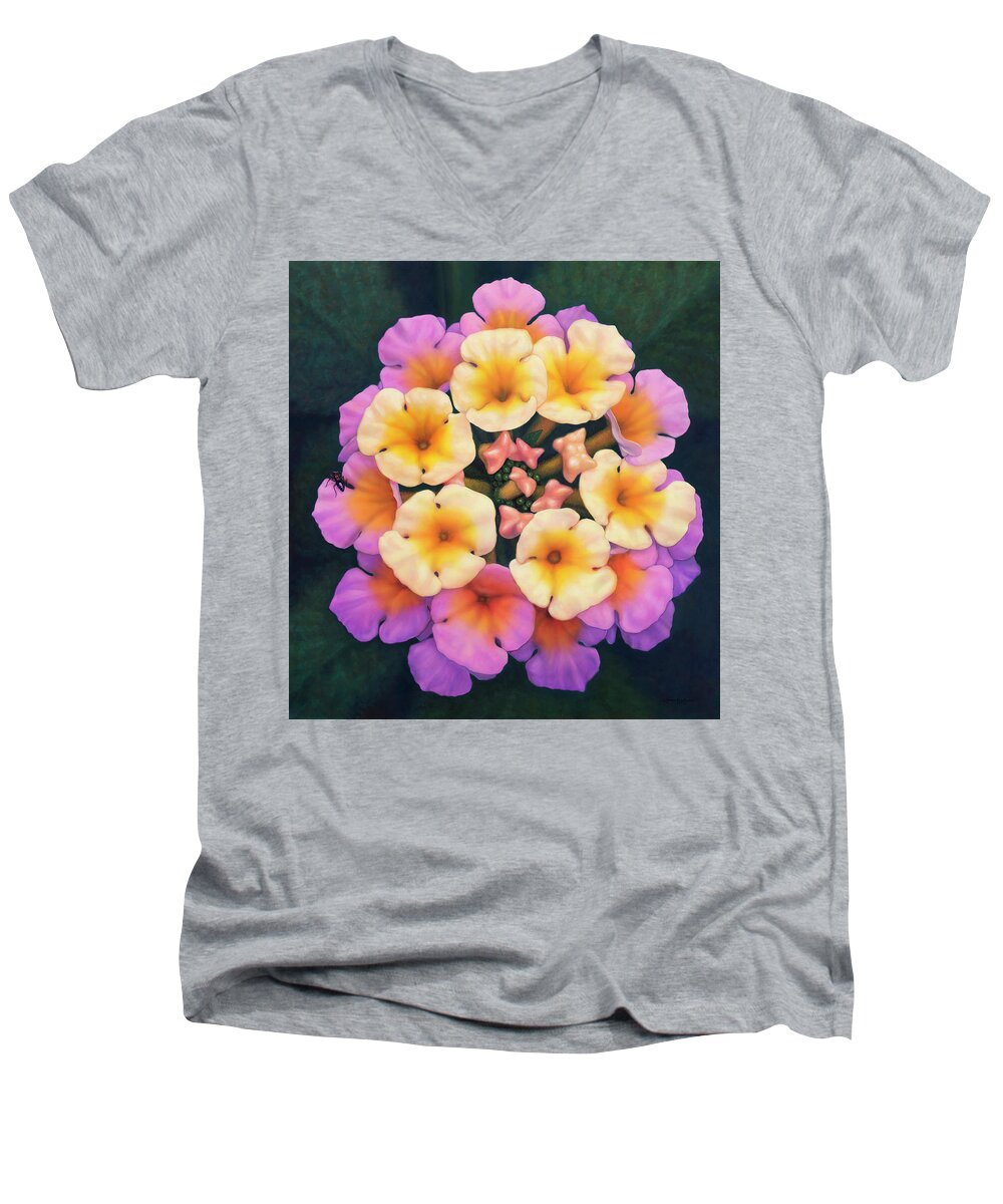Lantana Men's V-Neck T-Shirt featuring the painting Lantana with Ant by James W Johnson