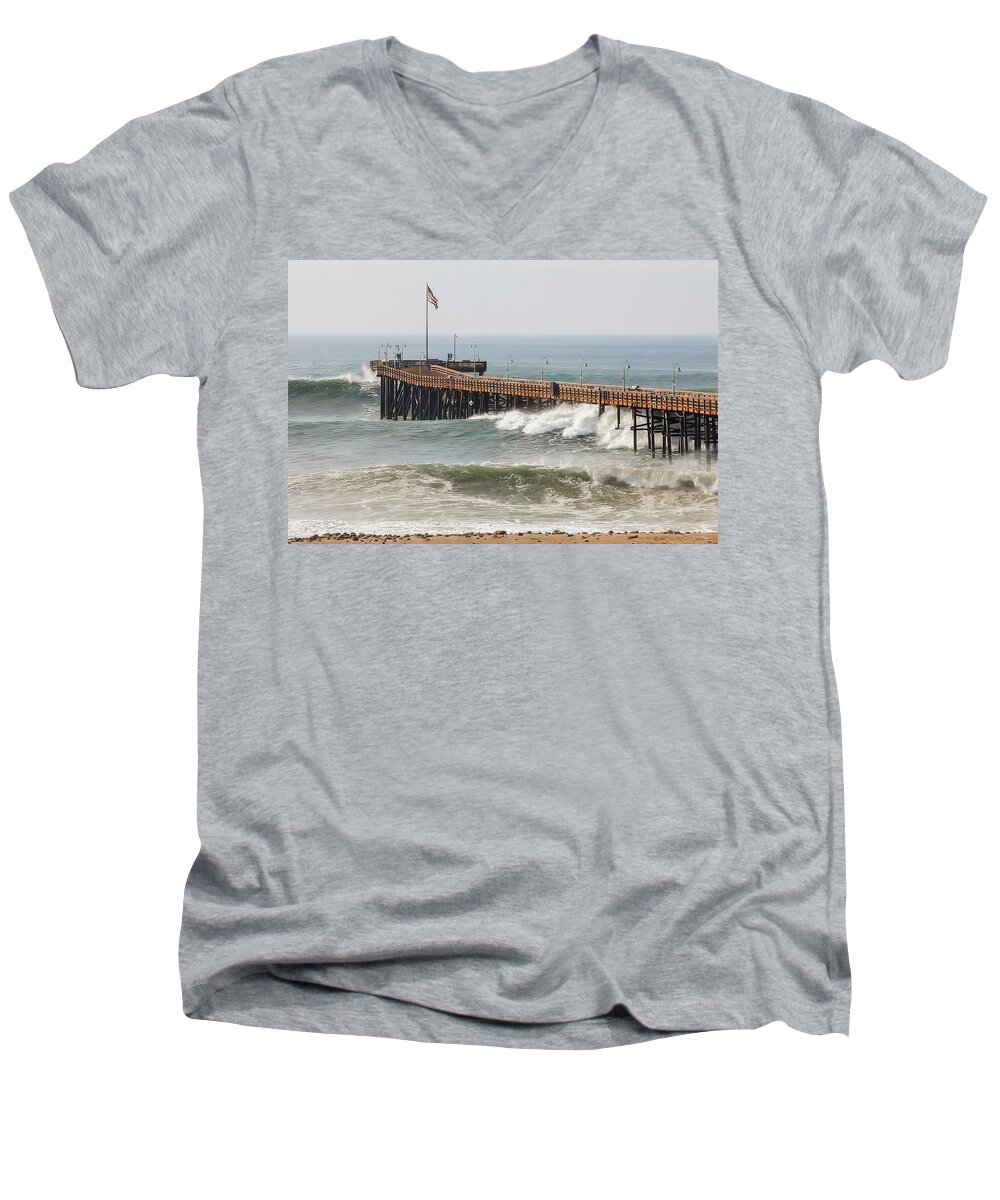 Photograph Men's V-Neck T-Shirt featuring the photograph Large Waves at Ventura California Pier by John A Rodriguez
