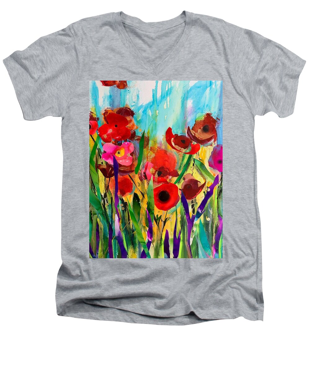 Flowers Men's V-Neck T-Shirt featuring the painting Laughing Flowers by Bonny Butler