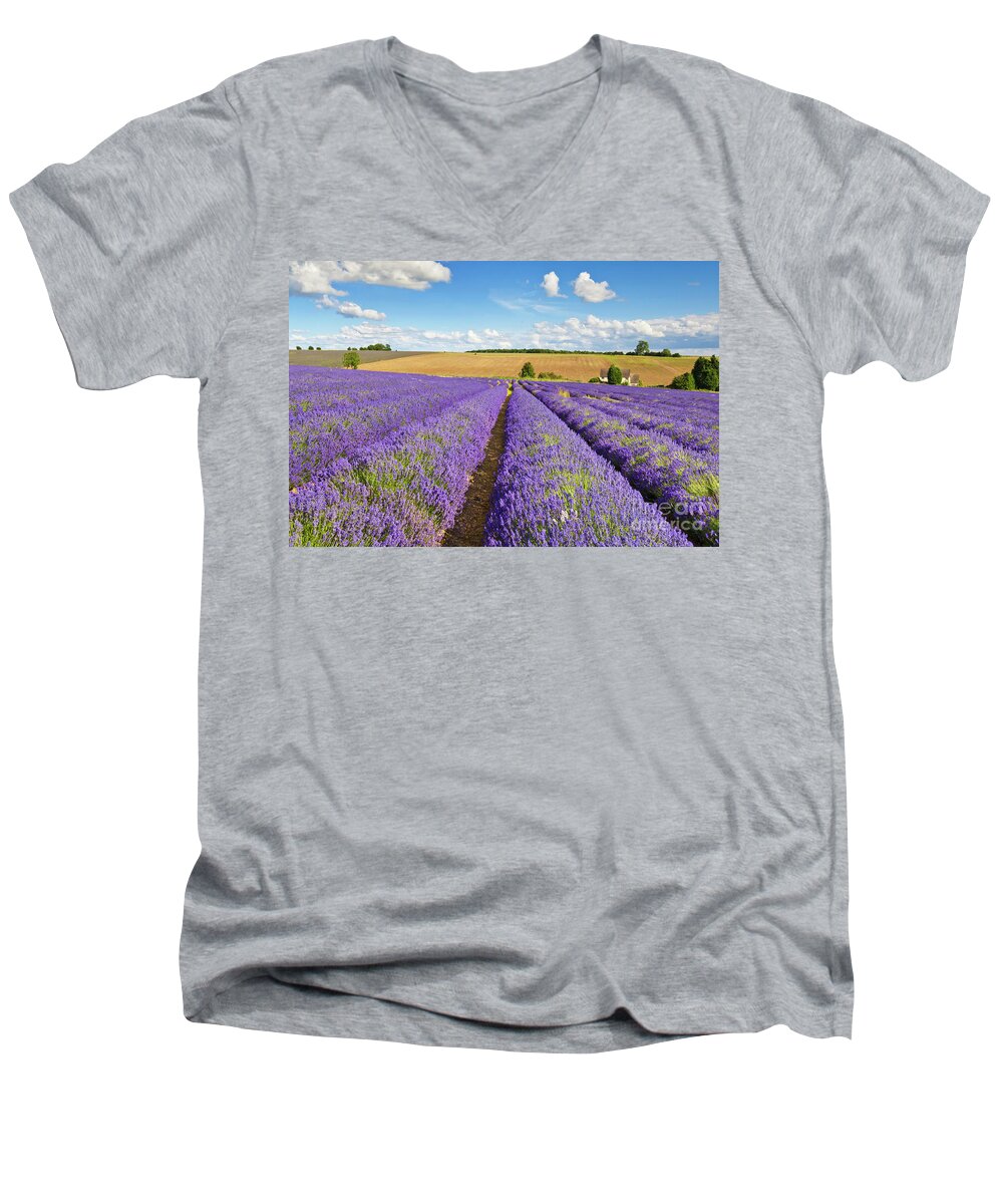 Lavender Fields Men's V-Neck T-Shirt featuring the photograph Lavender rows at Snowshill Farm, The Cotswolds, England by Neale And Judith Clark