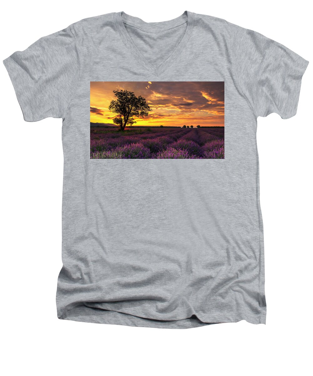 Bulgaria Men's V-Neck T-Shirt featuring the photograph Lavender Sunrise by Evgeni Dinev