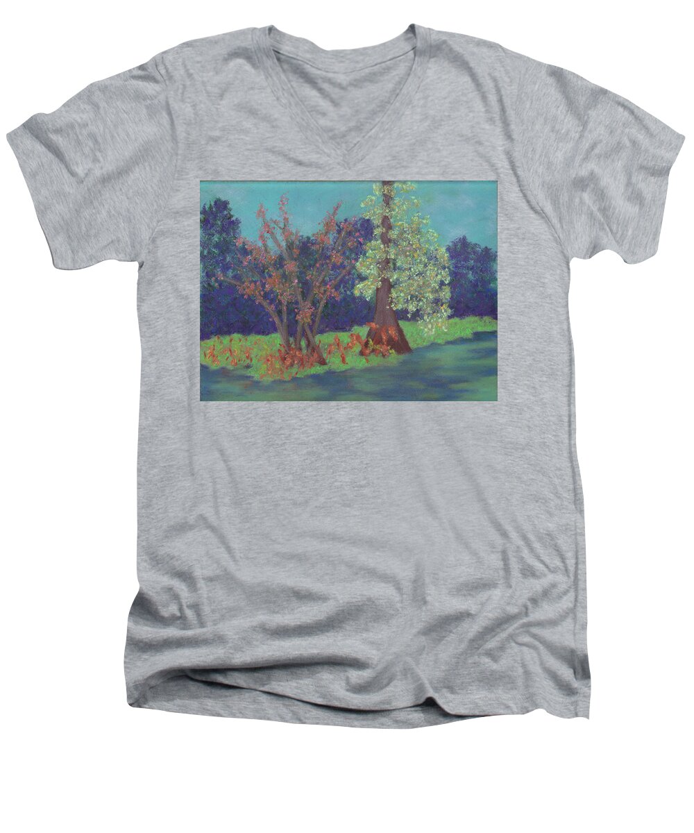 Corkscrew Audubon Sanctuary Men's V-Neck T-Shirt featuring the pastel Lettuce Lake in the Sun by Anne Katzeff