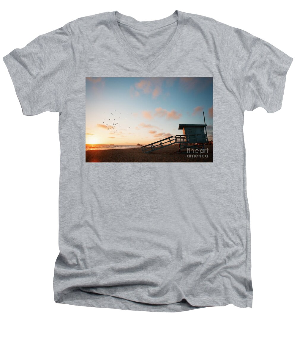 Lifeguard Hut Men's V-Neck T-Shirt featuring the photograph Sunset at the beach by Stella Levi