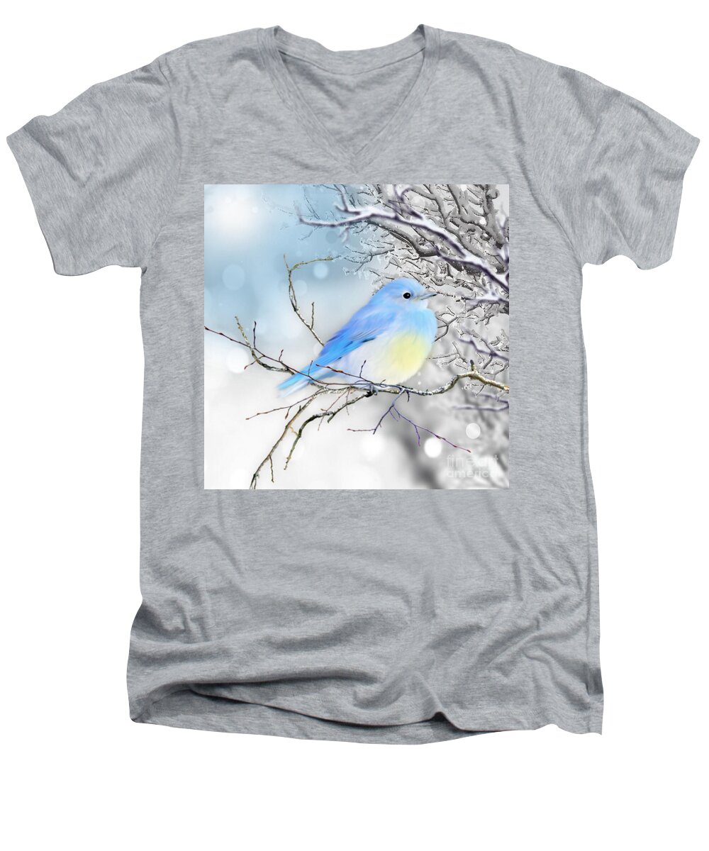 Blue Bird Wild Bird Men's V-Neck T-Shirt featuring the mixed media Little Blue Bird in Winter by Morag Bates
