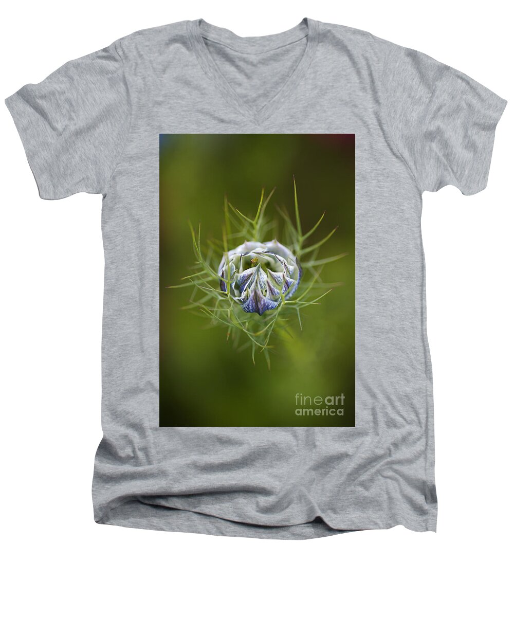 Nigella Men's V-Neck T-Shirt featuring the photograph Love In The Mist Round Bud by Joy Watson
