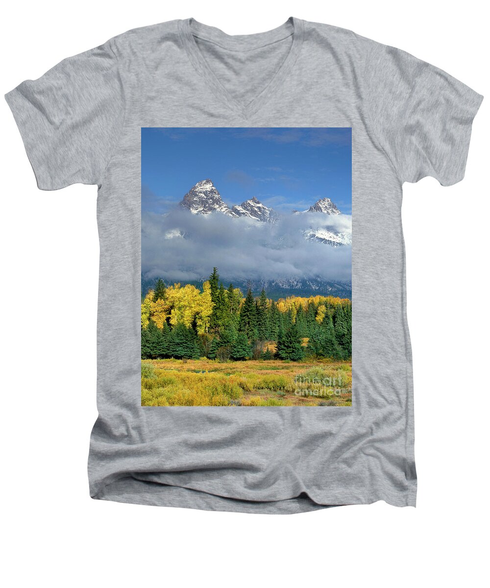 Dave Welling Men's V-Neck T-Shirt featuring the photograph Low Clouds Fall Color Aspens Blacktail Ponds Grand Tetons National Park Wyoming by Dave Welling