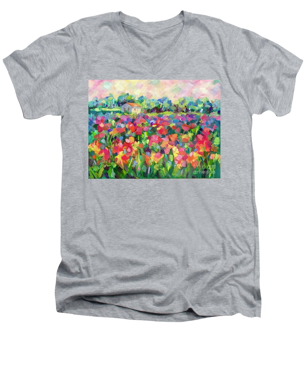 Flowers Fields France Provence Poppies Farmhouse Luberon Valley French Landscape Men's V-Neck T-Shirt featuring the painting Luberon Valley by Patsy Walton