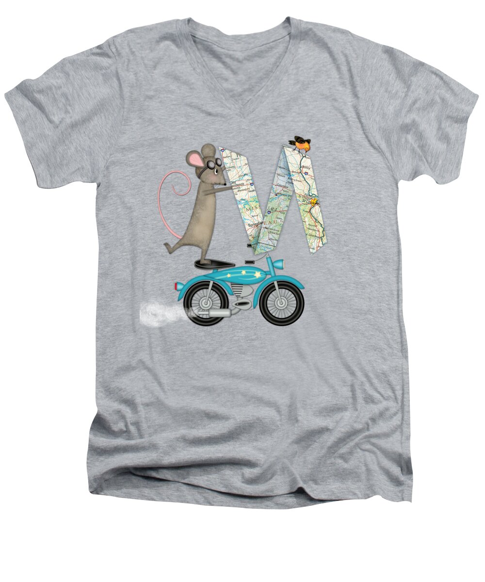 Letter M Men's V-Neck T-Shirt featuring the digital art M is for Mouse, Map and Motorcycle by Valerie Drake Lesiak