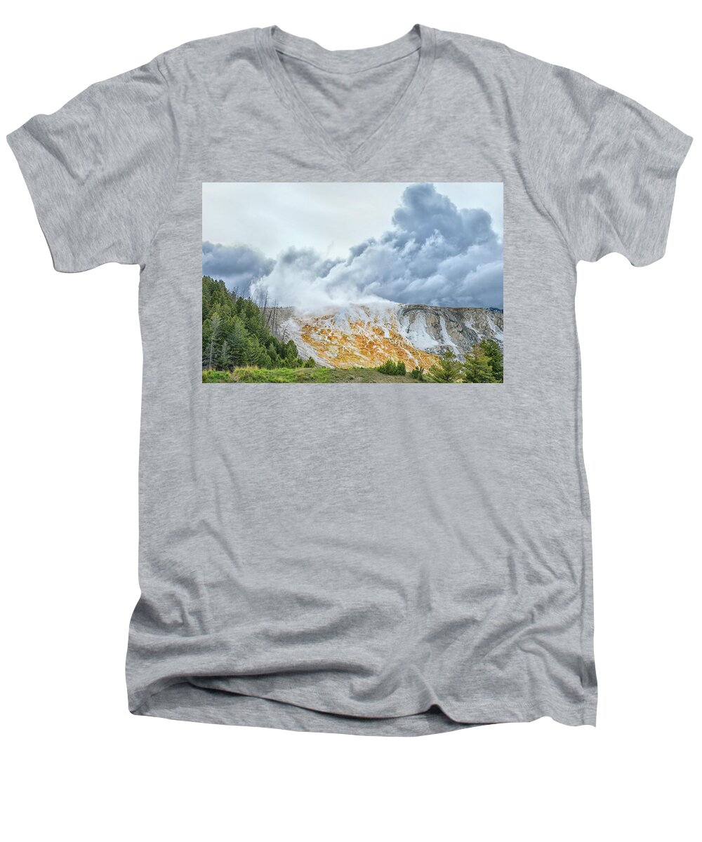 Mammoth Hot Springs Men's V-Neck T-Shirt featuring the photograph Mammoth Hot Springs by CR Courson