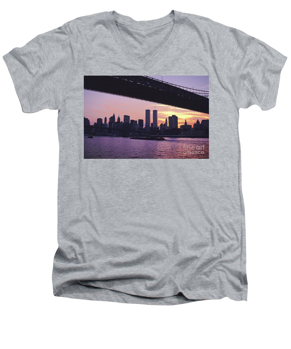 World Trade Center Towers Men's V-Neck T-Shirt featuring the photograph Manhattan Bridge And World Trade Center Towers At Sunset. by Tom Wurl
