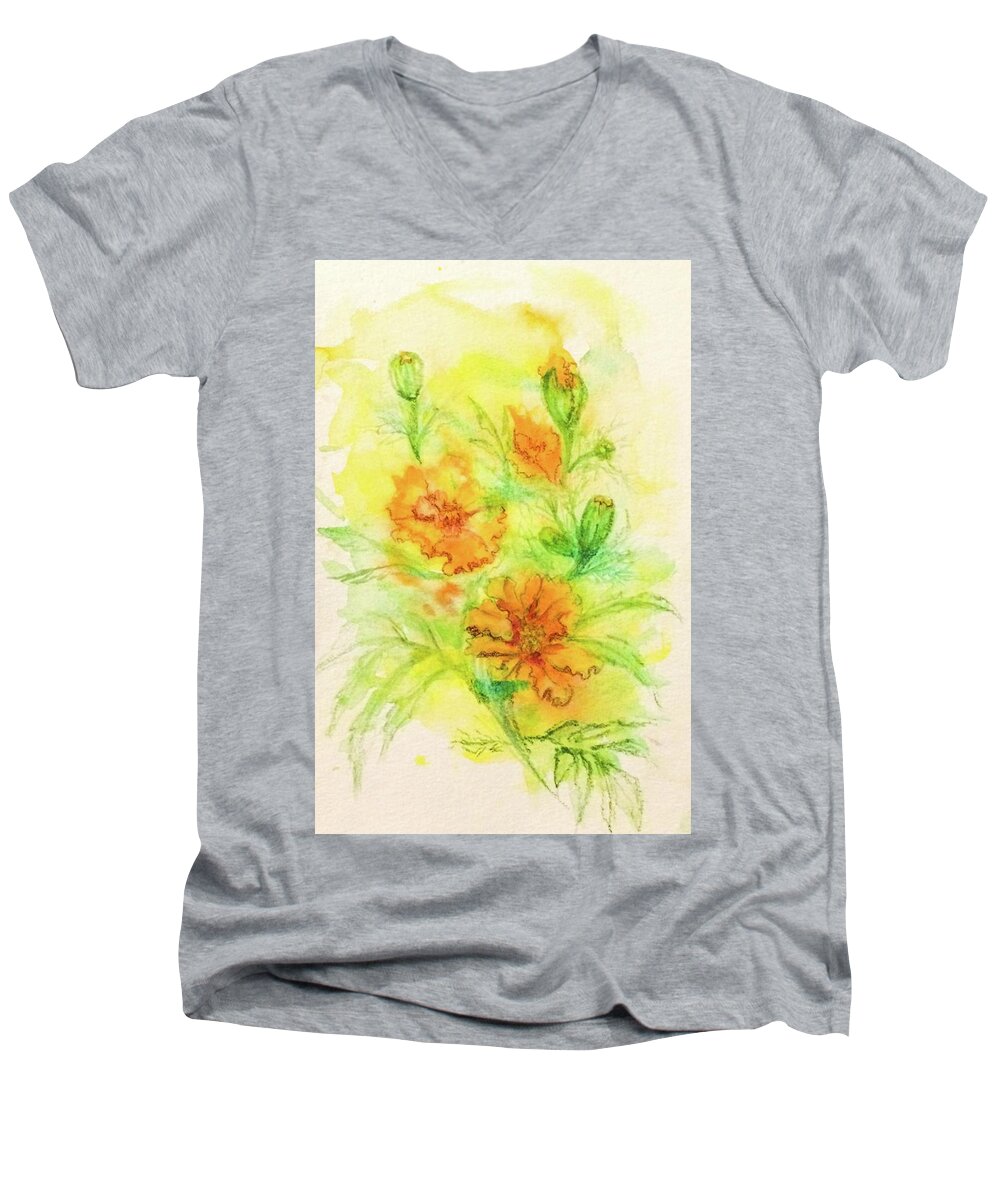 Watercolor Men's V-Neck T-Shirt featuring the painting Marigold Field by Ashley Kujan