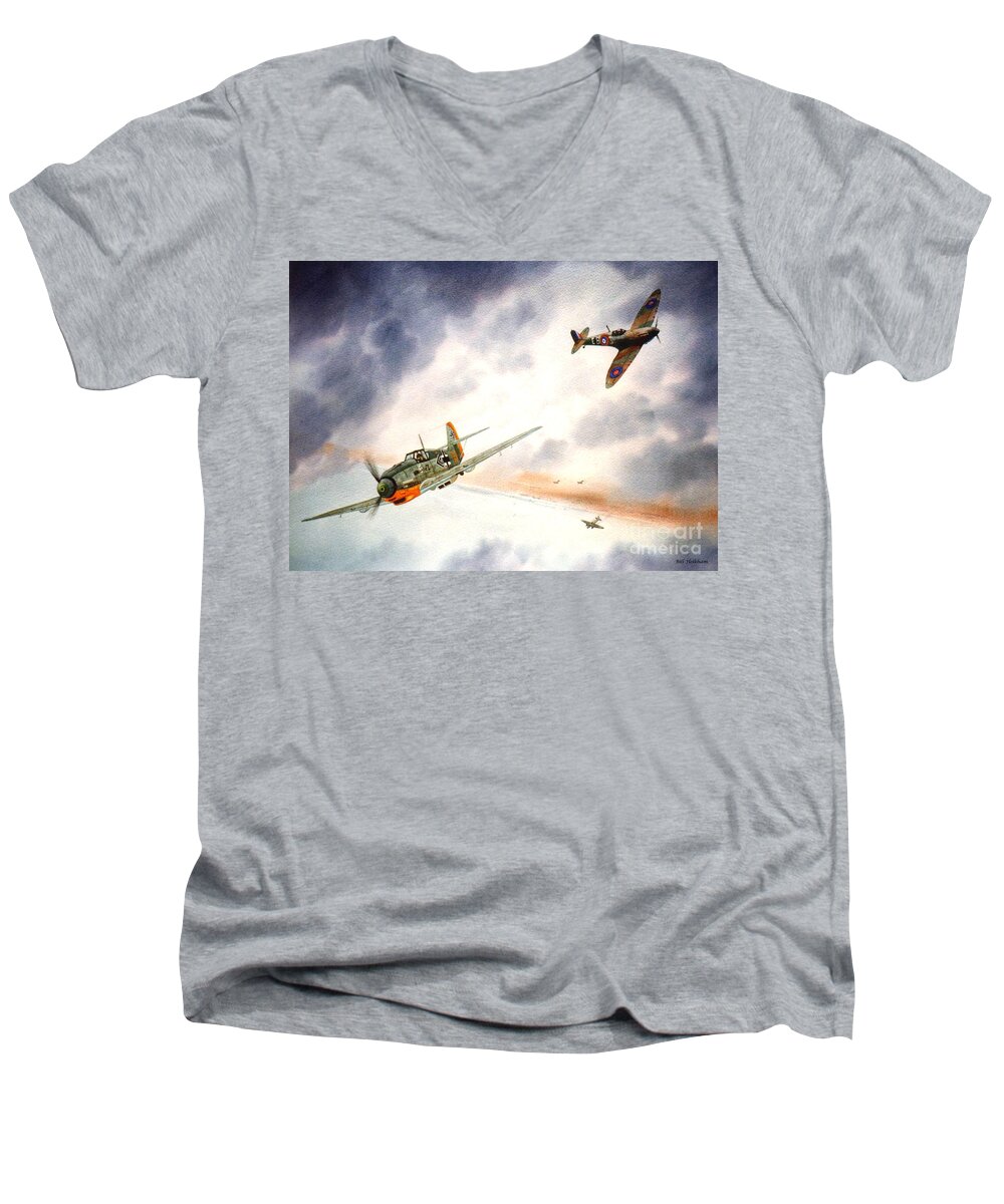 Me109 Aircraft Men's V-Neck T-Shirt featuring the painting ME109 And Spitfire MK1 Aircraft by Bill Holkham