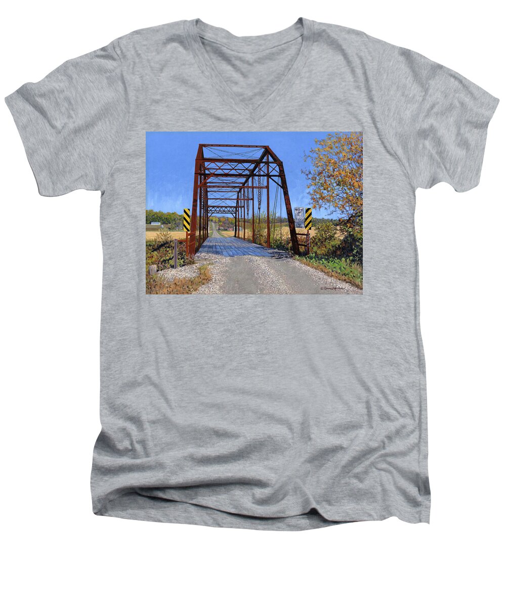Rural Men's V-Neck T-Shirt featuring the painting Medford Avenue Bridge by Bruce Morrison