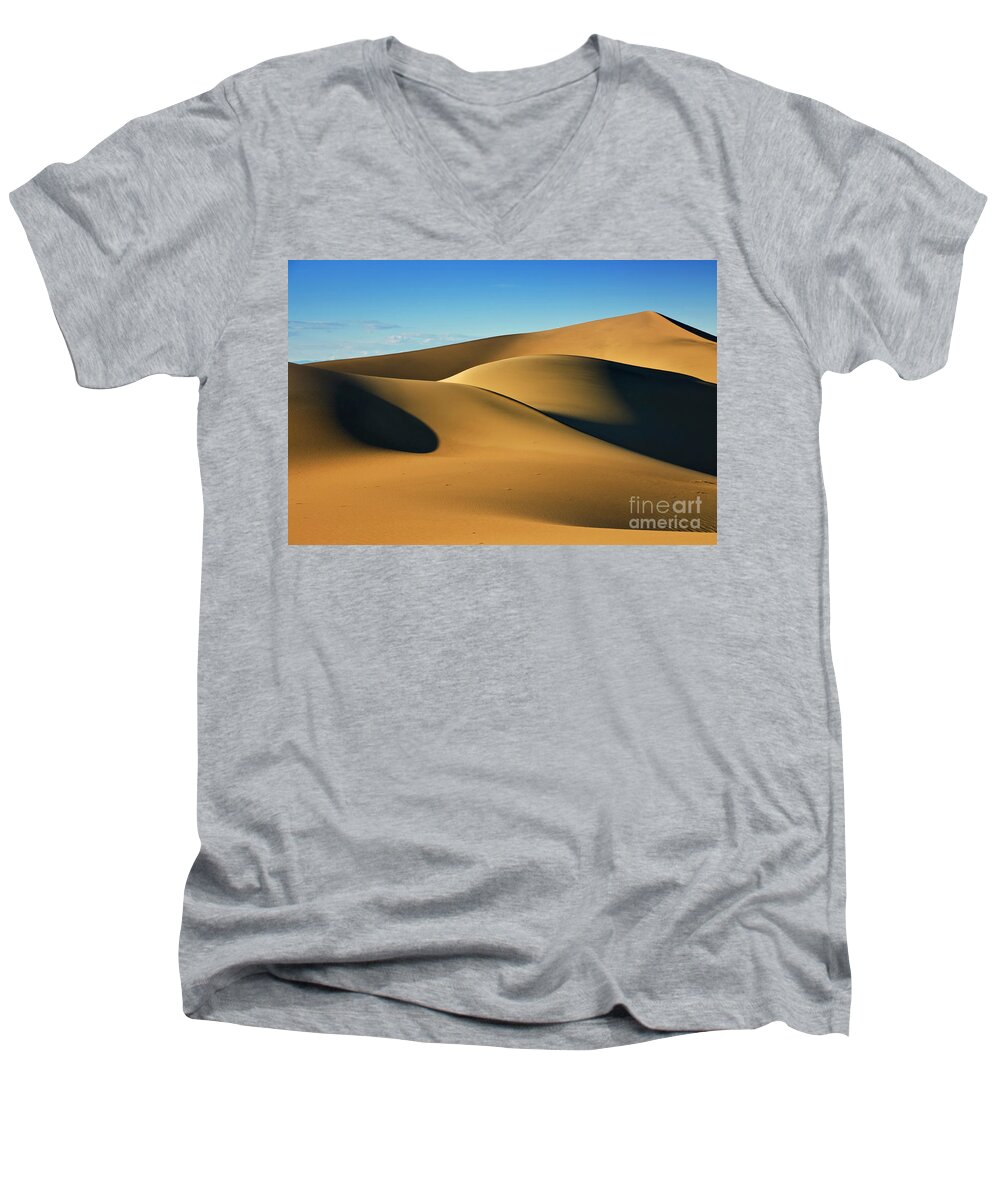 Shadow And Light Men's V-Neck T-Shirt featuring the photograph Mesquite Flats sand dunes, Stovepipe Wells, Death Valley, California, USA by Neale And Judith Clark
