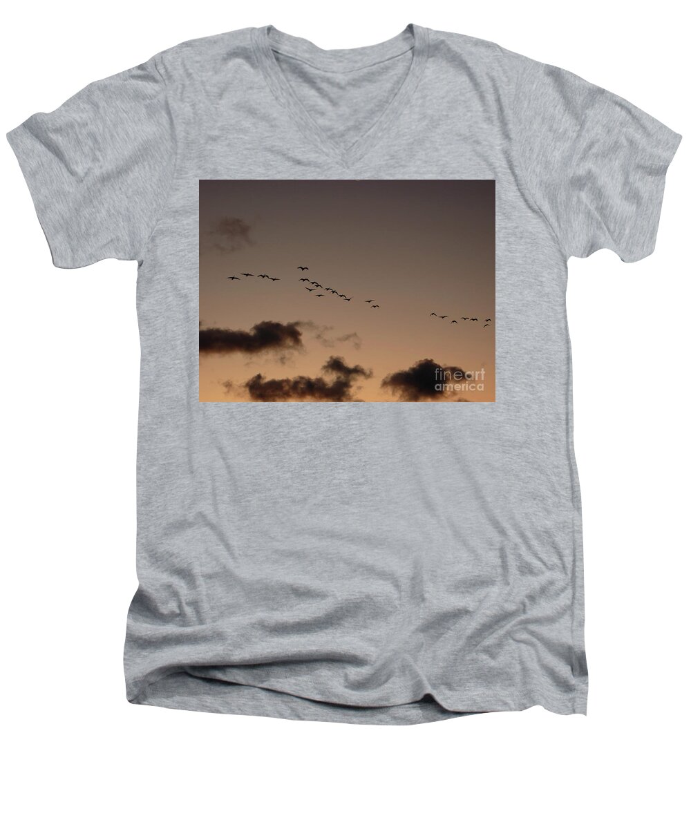 Geese Men's V-Neck T-Shirt featuring the photograph Migration Begins by AnnMarie Parson-McNamara