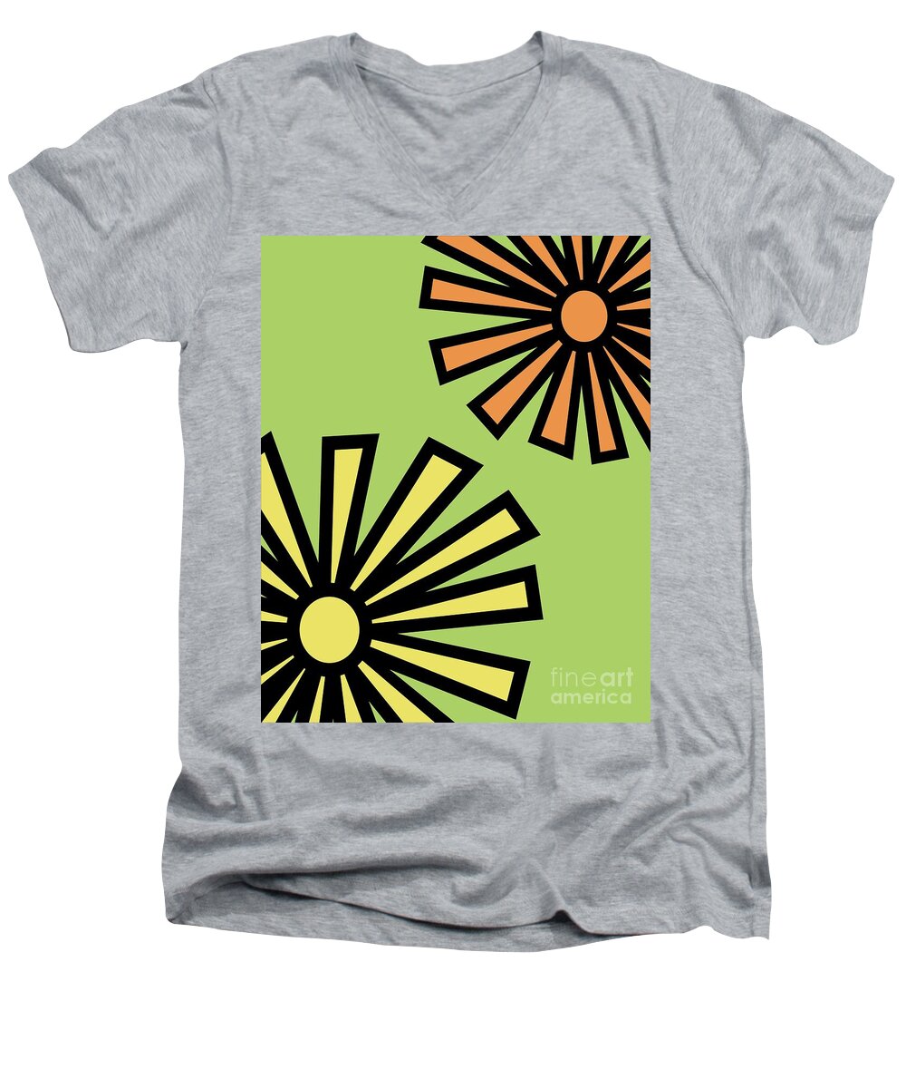 Mod Men's V-Neck T-Shirt featuring the digital art Mod Flowers 4 on Green by Donna Mibus