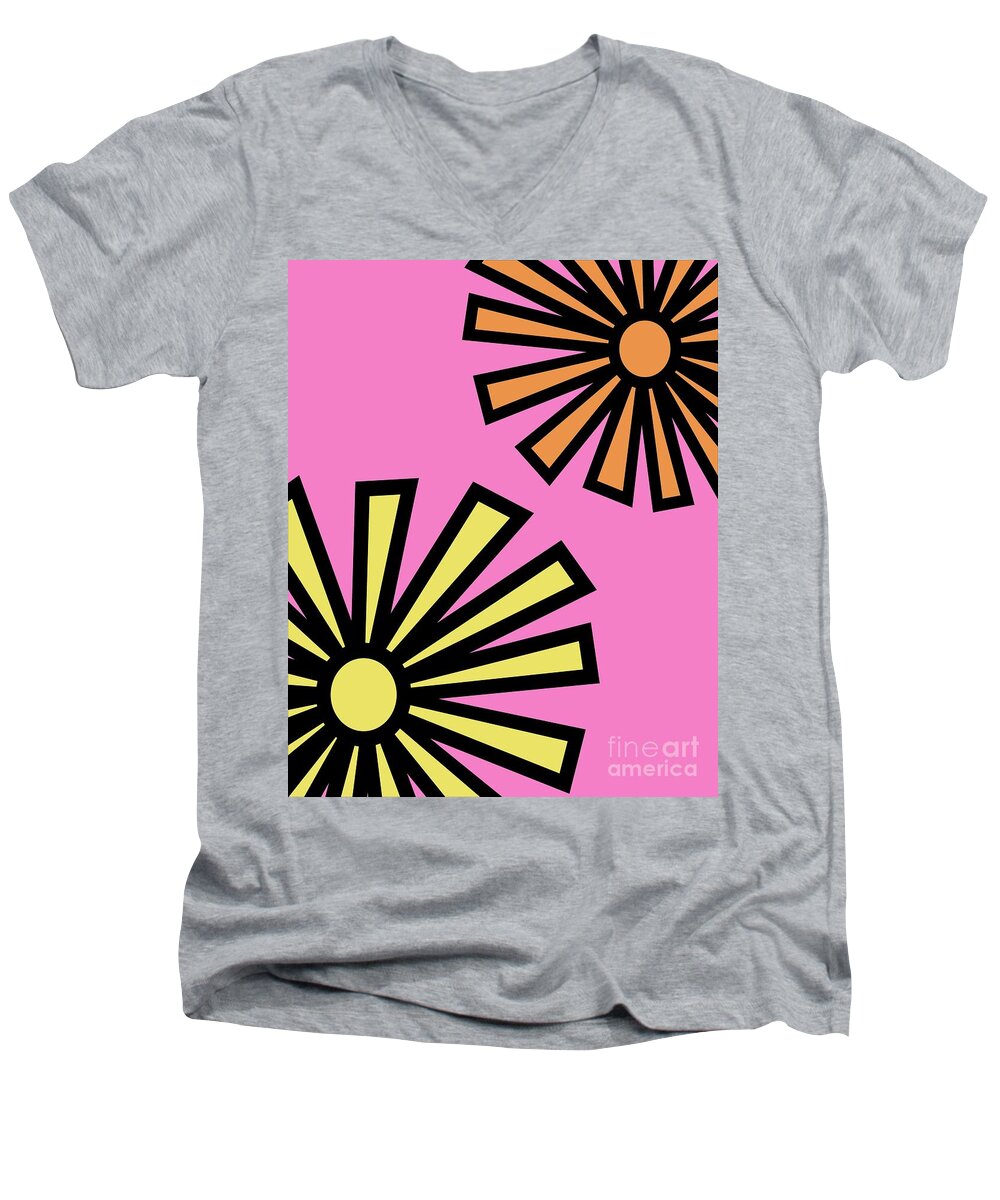 Mod Men's V-Neck T-Shirt featuring the digital art Mod Flowers 4 on Pink by Donna Mibus