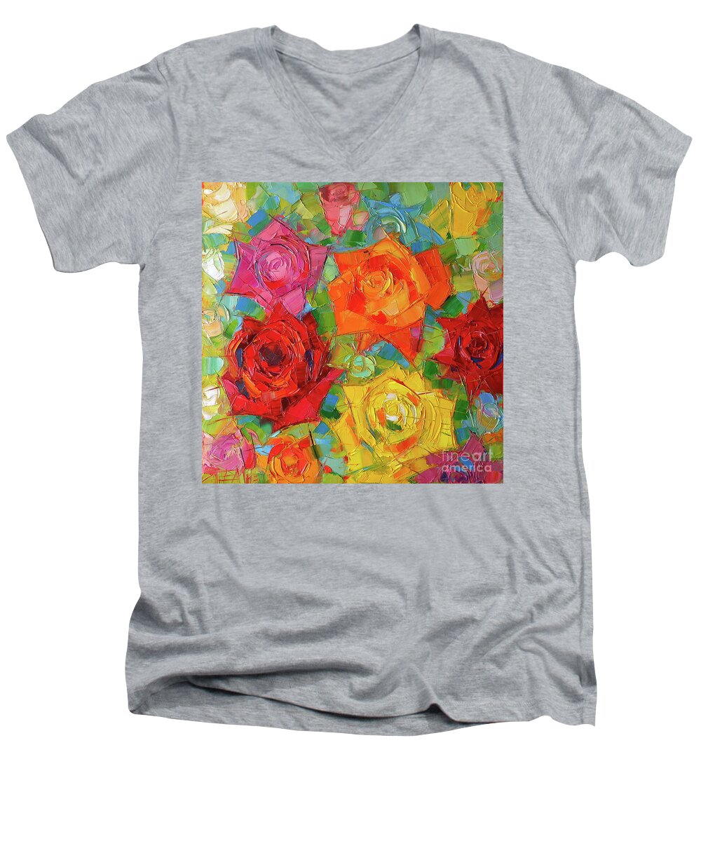 Rose Men's V-Neck T-Shirt featuring the painting Mon Amour La Rose by Mona Edulesco