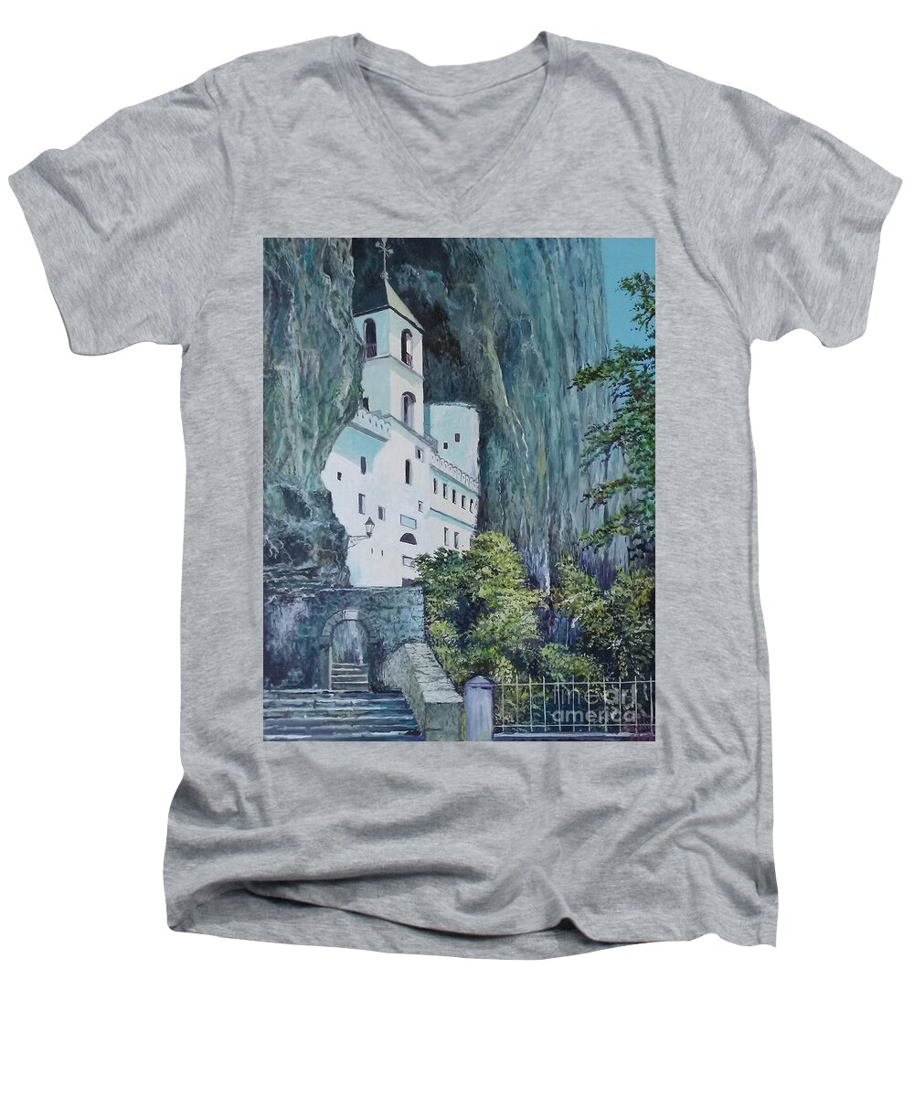 Architecture Men's V-Neck T-Shirt featuring the painting Monastery Ostrog Montenegro by Sinisa Saratlic