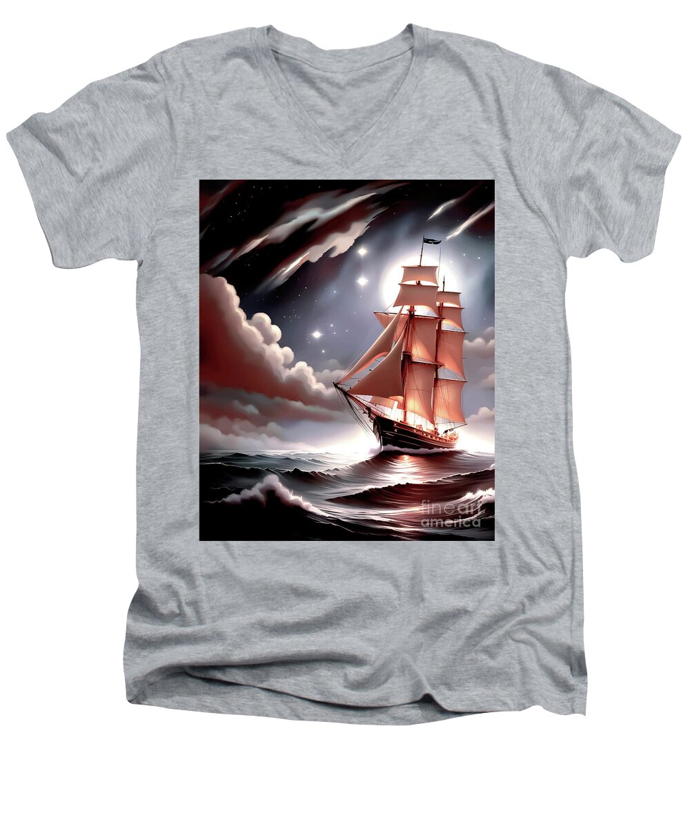Sailing Ship Men's V-Neck T-Shirt featuring the digital art Moonlight Sailing Fantasy by Eddie Eastwood