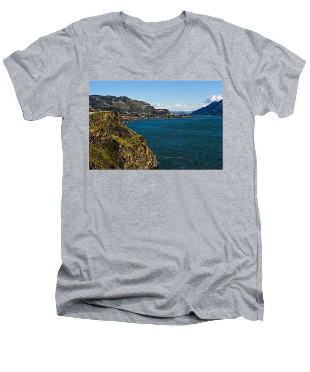 Mossy Cliffs On The Columbia Men's V-Neck T-Shirt featuring the photograph Mossy Cliffs on the Columbia by Tom Cochran