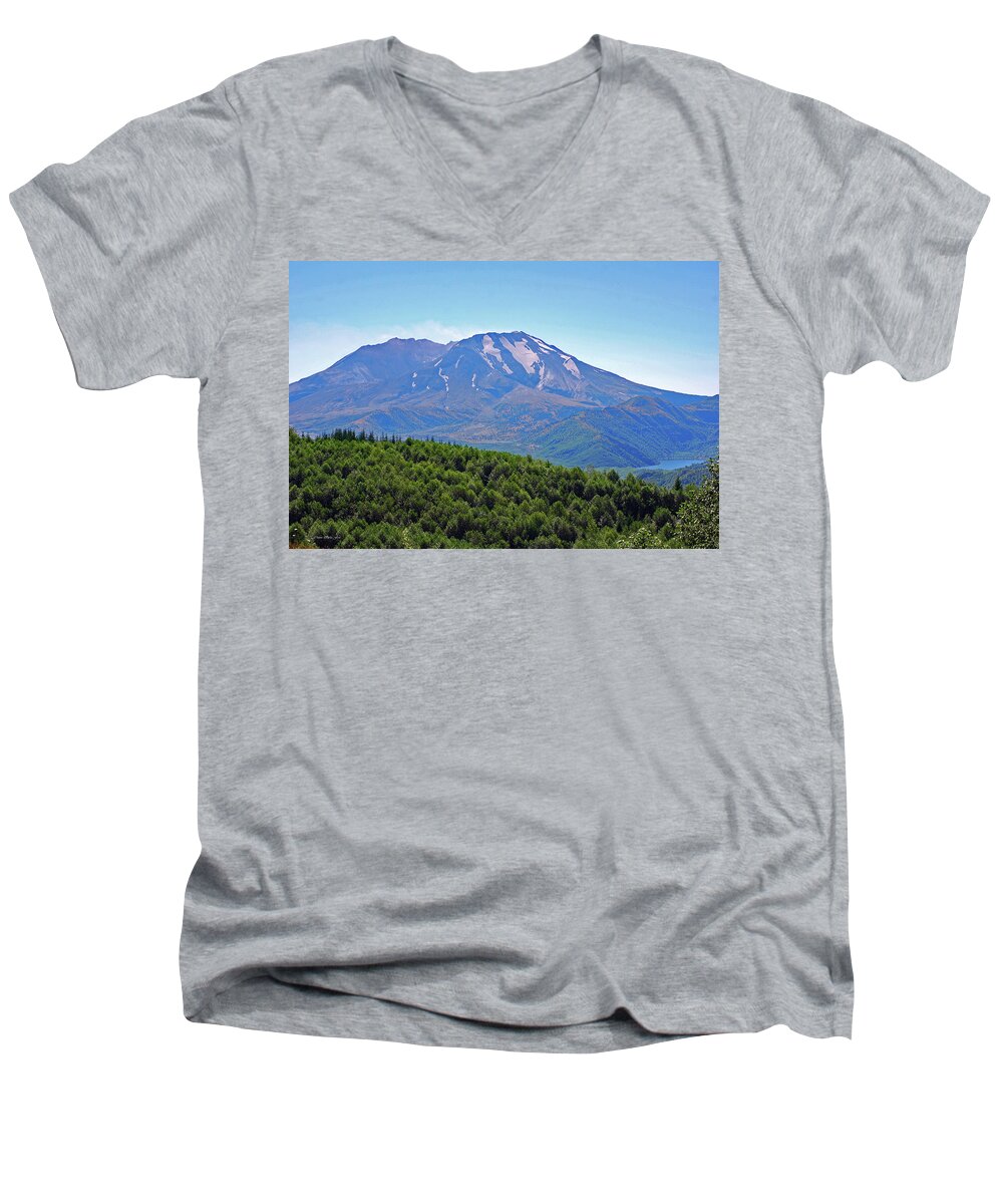 Snow Capped Peaks Men's V-Neck T-Shirt featuring the photograph Mount St. Helens and Castle Lake in August by Connie Fox