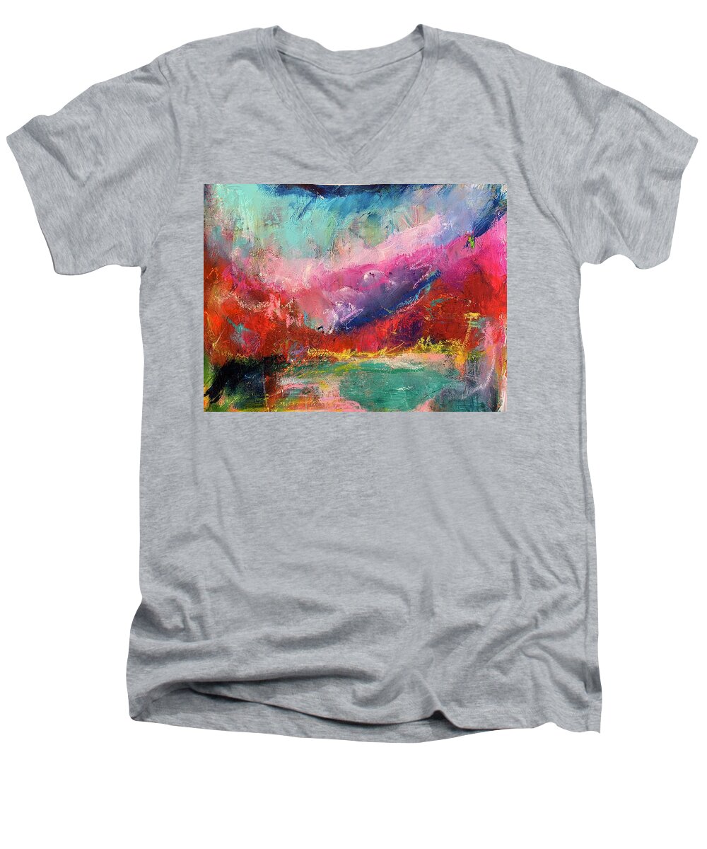 Abstract Men's V-Neck T-Shirt featuring the painting Mountain Music by Bonny Butler