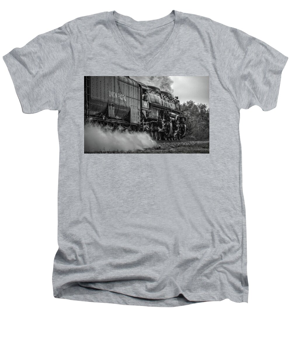 Steam Trains Men's V-Neck T-Shirt featuring the photograph Moving Down the Tracks by Linda Unger